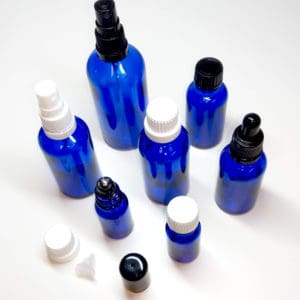 Glazen spray fles blauw glas verstuiver 10 ml t/m 100 ml
