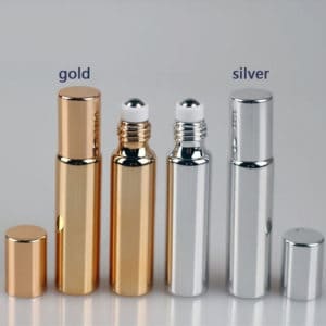 Gekleurde glazen rollerflesjes goud of zilver + rvs roller