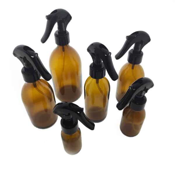 Glazen sprayfles amber + spray trigger zwart fijne vernevel verstuiver
