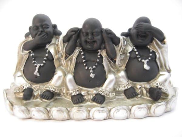 Lachende Boeddha horen zien zwijgen set zilver/zwart